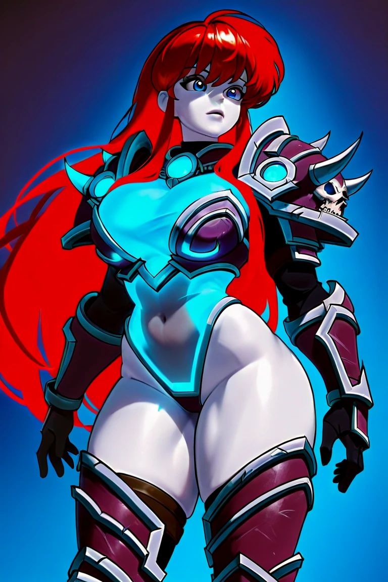 Hellbender,red hair, green eyes, scar, blue skin, muscular, solo, upper body, smiling, standing, from below, back view, ass,
HBGear, armor, gauntlets,,pauldrons,leotard , spikes,
sweat,
alien throne room,
(insanely detailed, beautiful detailed face, masterpiece, best quality),
<lora:LadyHellbender:0.8>