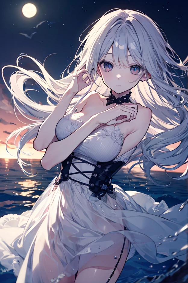 masterpiece, best quality, night, Star, on the beach, real, realistic, incredible_absurd, wallpaper, monochrome, traditional_medium, girl, long hair, curls, small breasts, revealing clothes, white stockings, period, jewelry, fingerless gloves, arms back ,
