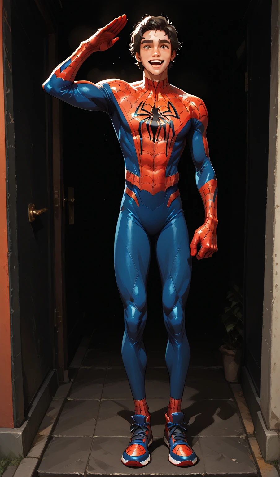 a fat Spiderman being tied-up to a wall, full body view, in a hallway corridor, porn, sexy pose