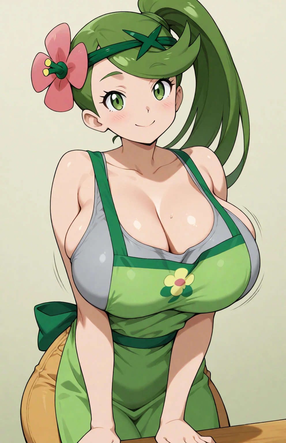 1girl, solo, masterpiece, best quality, detailed, narrow waist, wide hips, huge breasts, huge ass, score_9, score_8_up, score_7_up, smug, pokemon, mallow (pokemon),