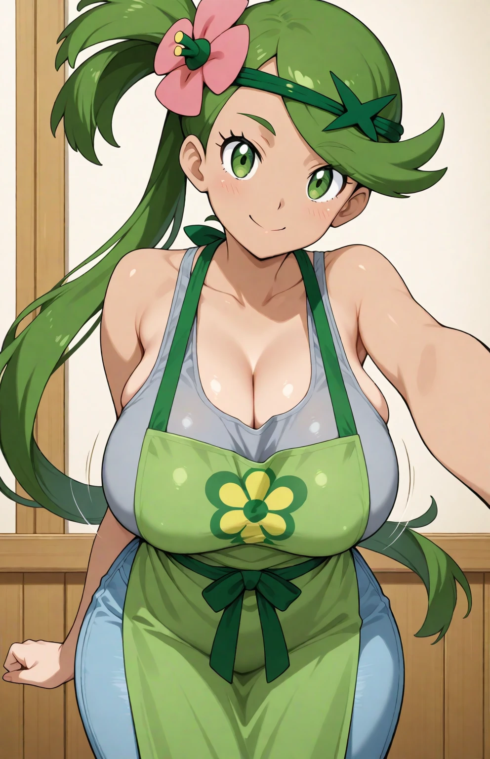 ((Cute girl with green hair)), ((Wear a towel)),whole body, Thighs,((masterpiece, highest quality, Ultra high definition, High resolution)), Anime Girls, ((Ultra-detailed illustrations:1.2)),  Beautiful Hair, Shining Eyes, Huge breasts, (Happy expression:1.6),Floral decoration,Sexy pose,Highly revealing,Open-chested clothing,Groin,Showing skin,10 year old female,Spread your legs,pink,