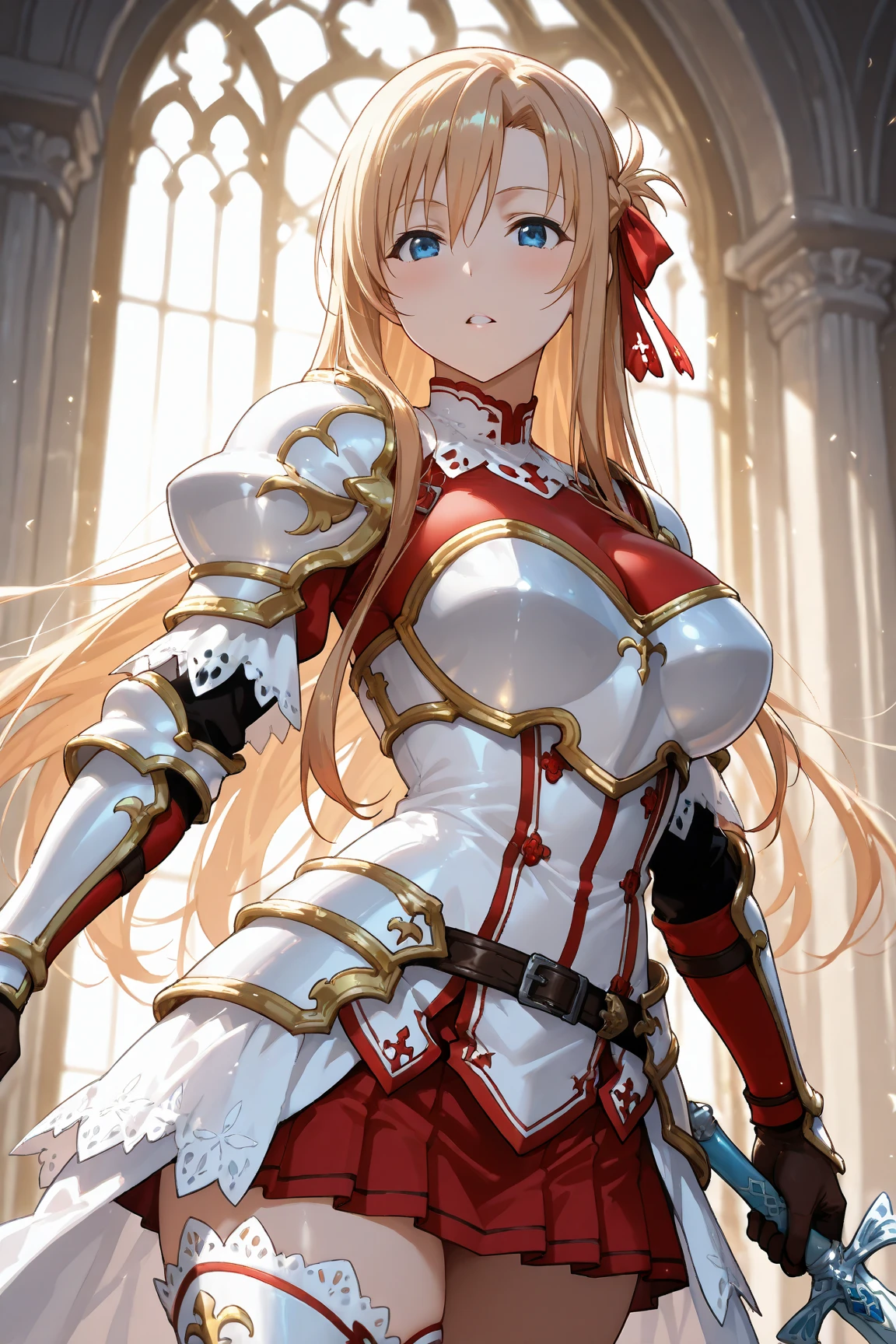 ((highest quality)), ((masterpiece)), ((hyperrealistic)), (detailed background), solo, 1girl, ((curvy: 1.2)), kawaii, ((wizard knight)), langrisser, blonde braided long hair, ((Large cross pattern white Leotard: 1.5)), (paladin armor), ((ArmoredDress)), ((Tight-fitting leotard bodysuit)), ((large breasts)), ((arm guard gauntlet)), metal breastplate, ((zettai ryouiki thigh boots)), (big butt), (cleavage cutout), (Groin), (thigh), (See-through black pantyhose), beautiful aqua eyes, droopy eyes, perfect face, Perfect hands, perfect fingers, Blue sky and grassland, posing,
