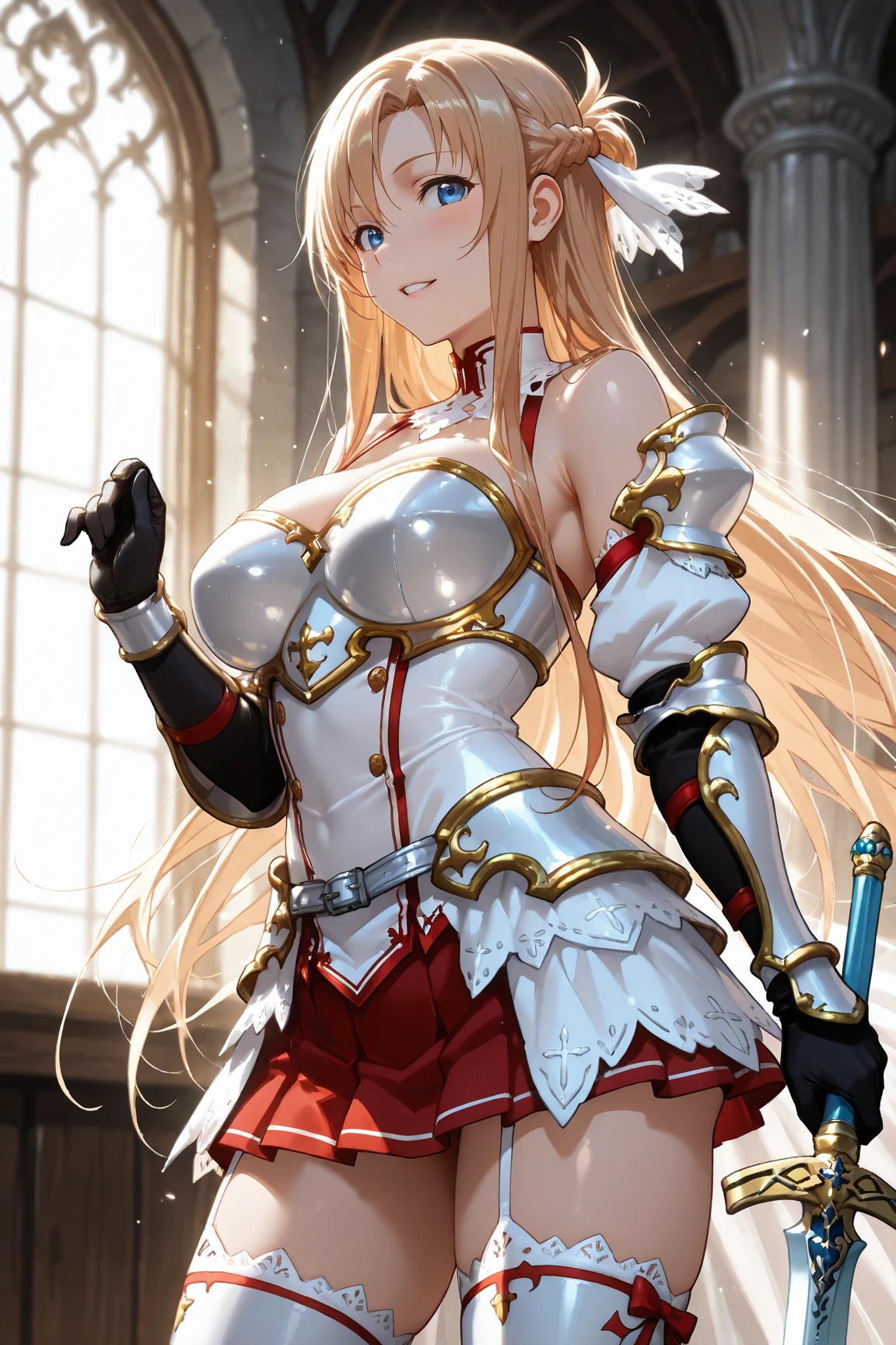 Masterpiece, Best quality, 1girl, solo, long-hair, thighhighs, breasts, striped, blonde-hair, flower, blue-eyes, rose, striped-thighhighs, full-body, dress, looking-at-viewer, blush, tiara, detached-sleeves, cleavage, big-breasts, holding, bare-shoulders, closed-mouth, black-footwear, white-dress, standing, red-rose, hand-on-hip, bow, bangs, very-long-hair, ahoge, red-flower, hair-between-eyes, gauntlets, halterneck, red-bow, frills, shoes, skirt, footwear-bow, armpits, flag, antenna-hair, criss-cross-halter, weapon, collarbone, clothing-cutout, crown, floral-print, headpiece, ((exposed navel)), short skirt, shield
