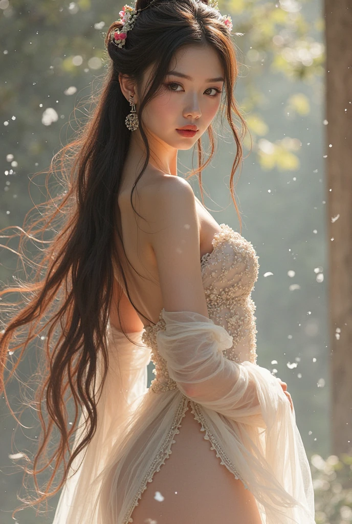 Random posture,
(raw photo,8k,photorealistic:1.3),(masterpiece, best quality), (from below), 35mm shot, looking at viewer, highres,
((a girl, solo)) , (detailed beautiful face, beautiful detailed pink eyes, detailed perfect skin),
((flat chest)), high ponytail contorted, eyes visible through hair, (blush), wet hair,
sitting, white|black kimono, topless, (leg crossed) , arms behind back, water, hair ornament, lace trim,