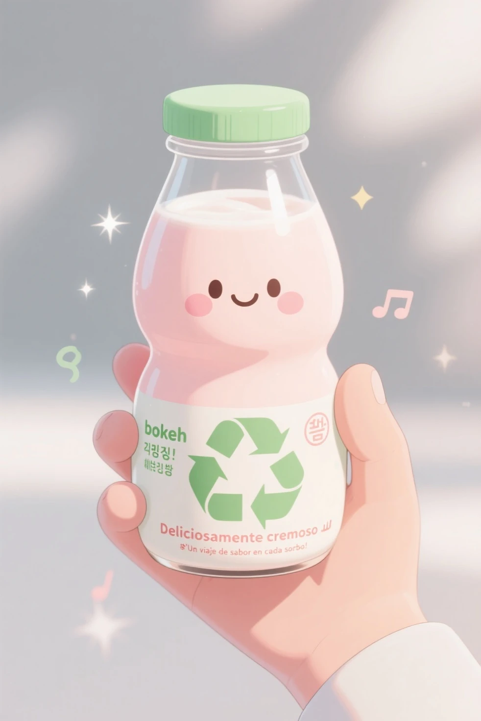 Una botella de yogur de suave color peach ocupa el centro de la escena, with a light green cap that adds a vibrant yet delicate touch. The design is kawaii and minimalist, with clean lines and friendly details (like a smiley face or bright eyes to give personality to the product). The in the Korean the recycling symbol reinforce the essence authentic and eco-friendly.

bottom:
A soft gradient in grey-white tones, with a light diffused light effect that creates a warm and appetizing atmosphere. Touches of sparkles (glitter anime) highlight the freshness of yogurt.

 style:

ilustración anime (similar to Studio Ghibli or slice-of- designs life), with cellular shading to keep the elegance simple.

pastel color palette (peach, mint green and off-white) to convey softness and naturalness.

Clean composition, Round and bulging belly, but with an effect of "bokeh" subtle in the background for depth.

Copy (Advertising Text):
"Deliciosamente cremoso 🌸 ¡Un viaje de sabor en cada sorbo! 🥄💖 #FrescuraAnime"

 Optional Extras :

Small sparks or musical notes floating around to emphasize "the refreshing".

A stylized anime hand holding the bottle (optional, if you want to add human interaction).

application: happy, youthful and relaxed, ideal for an audience that loves anime and aesthetics.