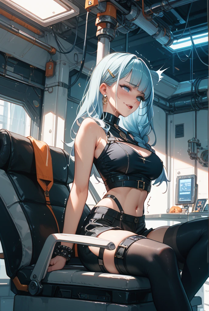 1girl,a beautiful fashion model ,(masterpiece, detailed background, best quality),short and shiny hair, blue green hair, hair with highlights, bangs, smirk,juicy lips,red lips, calmart, lingerie, stripping, elegant makeup, blue eyes, full body shot, (shiny skin), cyberpunk, sci fi, boa, extravagant jewelry, cocky expression, covered in jewelry, fancy, white dress, ((hand covering mouth, smug, discrete laughter)), laying on side, loounging