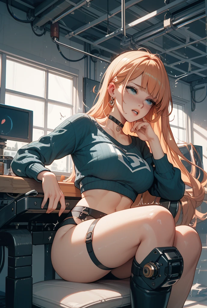 hot bottomless gamer girl streaming naked on her gaming chair playing a videogame with cat-ear-headphones wearing no pants and wearing a rib-tank-top, big boobies underboobs