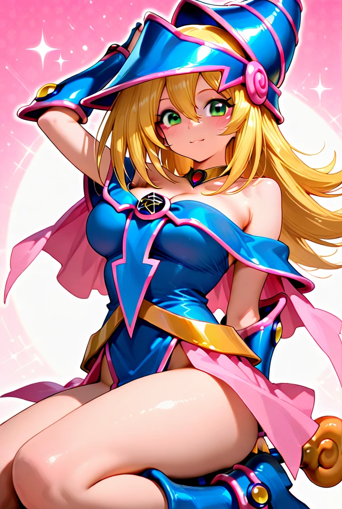 Chica Gagaga, 1girl, solamente, Cabello largo, senos, Mirando al espectador, They are smiling, tiene, hombros desnudos, pechos desnudos, Mangas separadas, Pelo sobre un ojo, telephone, celular, Monstruo de duelo, Sombrero de mago, mostrando el pecho desnudo, sexy. Caliente. Candente. Editada