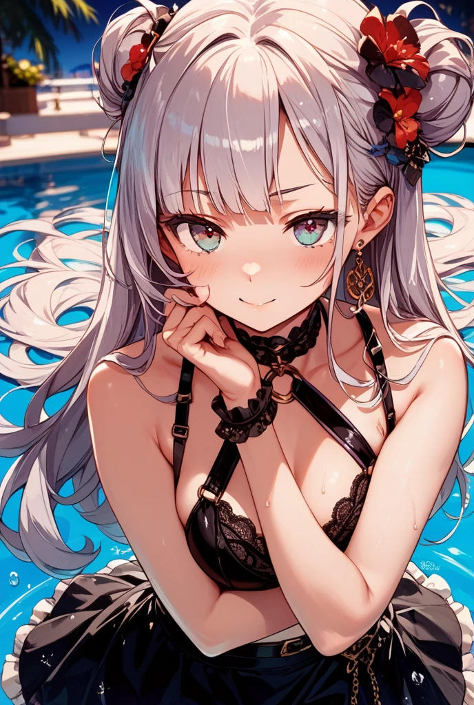(Photorealistic:1.8, Highest quality:1.8,8K Masterpiece:1.8、Super detailed、Ultra-high resolution、Detailed Background)、((Flat Color))、((colorful))、Multicolored lighting、((Floating colorful water))、Blue background、
Bound Queen、Squat with your legs apart、Back?rAngle、Random Pause、(Chained、Golden Chain、Chained to the body、Chained first round、handcuffs)、Random Sexy Poses、Turn around、
(Medium Hair、Silver Hair、hair ornaments、choker)、(bondage、Mini Dress、choker、Knee-high stockings、garter belt、White biting panties)、Beautiful hip line、TWICE's Tzuyu' on pause、Beautiful blue eyes、(A rich expression、smile)