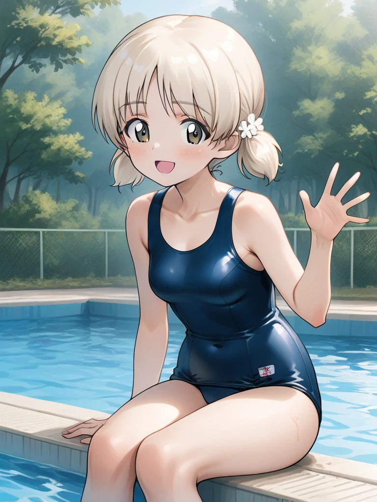 flat chest , thick thighs,  beach, tanlines, sweat, sweatdrop, dark skin,gyaru,school swimsuit, pool, school,cute