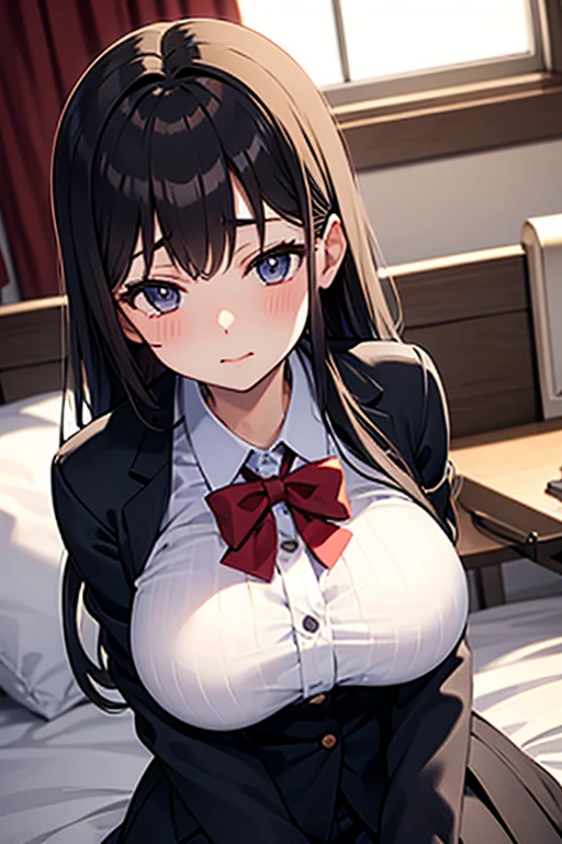 in a train, A man molesting a high school girl, to be able to see nipple, Sexy bra visible, Troubled face, Put your hands inside your skirt
