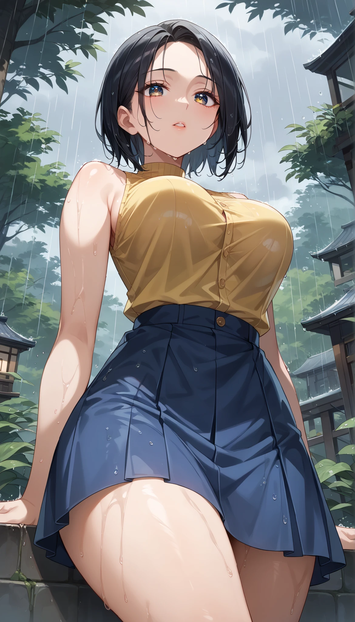 1 girl, alone, White Polo Shirt, white sneakers, Tennis suits, white miniskirt, masterpiece, best quality, actual, Super detailed, (shiny skin, Sweaty:1.4), absurd, looking at the audience, short black hair, brown eyes, thin and long, dynamic lighting, High resolution, sharp focus, depth of field, delicate eyes, sharp pupils, actual pupils, (small breasts:1.6), (Thick thighs:1.0), outdoor, Sky，beautiful breasts、huge breasts:1.4，plump breasts