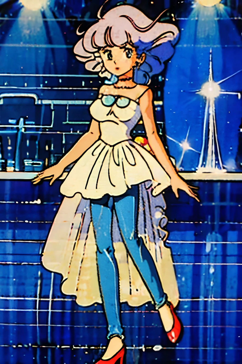 RICK AND mORTY'S, Rick, is watching a fashion show in a world of clockwork people. Cute clockwork woman (age 25, high heels, sexy dress, semi transparent skin showing her gears)