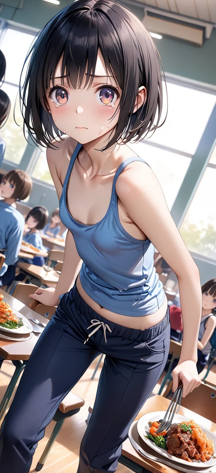 (highest quality,Cowboy shot:1.2),(perfect beautiful face:1.2),(perfect and beautiful posture:1.2),((Solo male:1.2)),(men's muscle body:1.2),(messy short cut hair), (confused:1.3,embarrassed:1.5), (shyness:1.1),(Sweaty, sunburned skin),(open mouth:1.3),Looking at viewer,classroom,window with black Night sky,((scared expression,constricted pupils:1.3,tears)),Sexy White black border sports bra and lowrise Panties,black hair,(flat chest:1.5),hands Covering between legs,standing,((tall and fat:1.3))