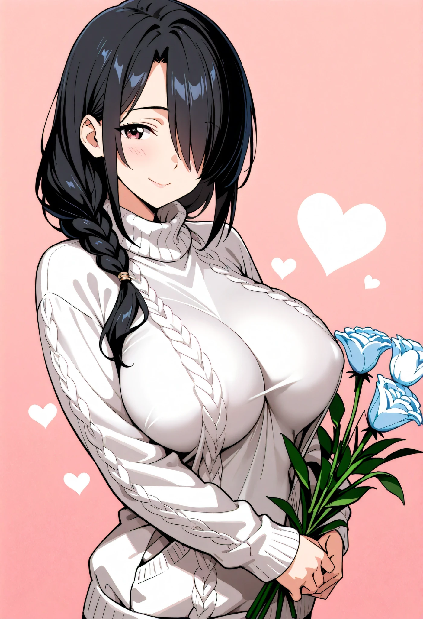 Score_9, Score_8_up, source_anime BREAK solo, 1girl, looking at viewer, cowboy shot, with black hair, messy hair, long hair, red eyes, dark circles bangs, hair between eyes, red dress, turtleneck, black pantyhose, long sleeves, black sweater, knee-high boots, black shoes, middle fingers, heart hands, curves, big breasts, smile,
outdoor, grass, wind, sunlight, blue sky, dutch angle, flower field,