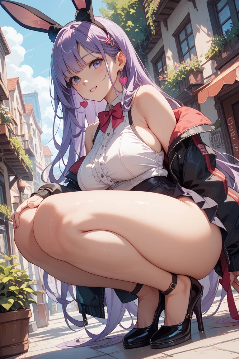 Hugob, nffsw, Purple hair, Long hair, Bangs, (Purple eyes:1.1), (medium breasts⁩:1.2),Blake Black Jacket, (black thighhighs:1.3),Black skirt, Collared shirt, Hair Ribbon, high waist skirt, Jacket, Long sleeves, Neck ribbon, Open your clothes, Open jacket, Pleated skirt, Red Ribbon, bow ribbon, Shirt, Skirt, sleeves past wrists, White shirt, Wide sleeves,BREAK looking at viewer,BREAK outdoors, BREAK (masutepiece:1.2), Best Quality, High resolution, Unity 8k壁纸, (Illustration:0.8), (Beautiful detailed eyes:1.6), extra detailed face, Perfect Lighting, extremely details CG, (Perfect hands, Perfect Anatomy),evil smile、(pink panties:1.3)、(Fully exposed panties:1.5)、(Squatting:1.3)、plein air、outside of house、
