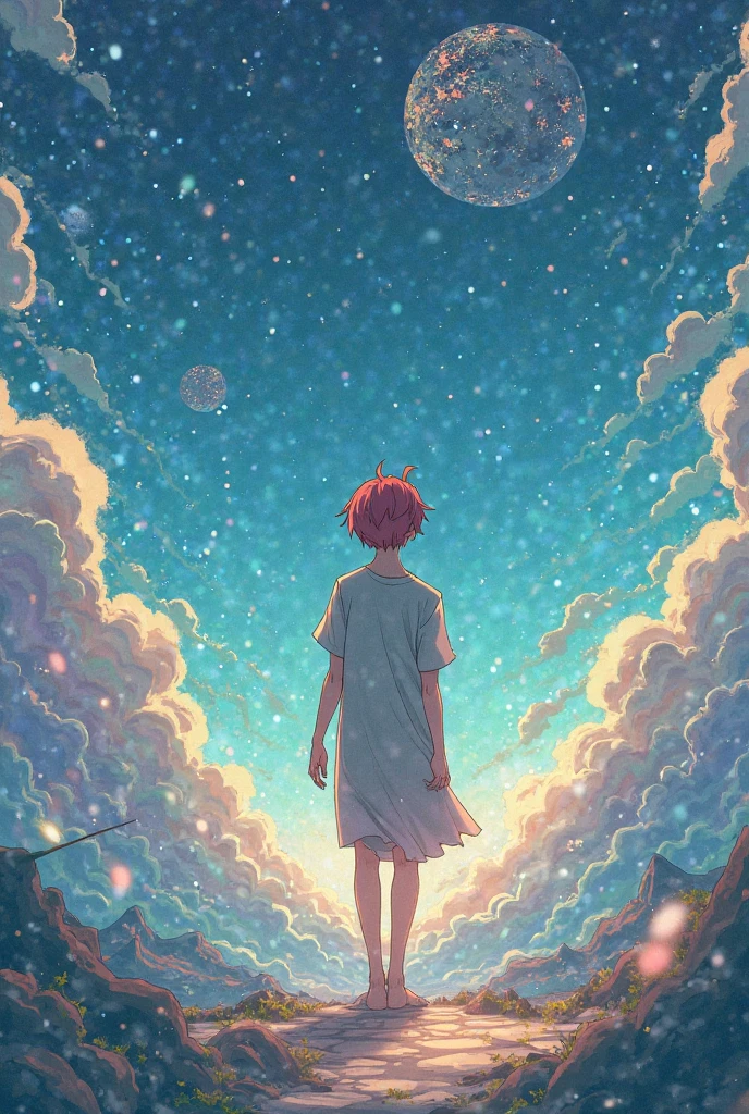 (Maximum resolution, clearly_image) Excellent, masterpiece, High Detail, Semi-realistic, Beautiful night sky, Stars, Meteor Showers, Beyond the clouds,Wide Angle, Stunning clouds,a very beautiful woman, Solitary, Normal handsome posture, Red short hair, Golden Eyes, Indifferent expression, 18 years old, young, tall and big , white and red military uniform, Military Pants, Military boots, confident, Serious, Cold and proud, Standing on the cliff,