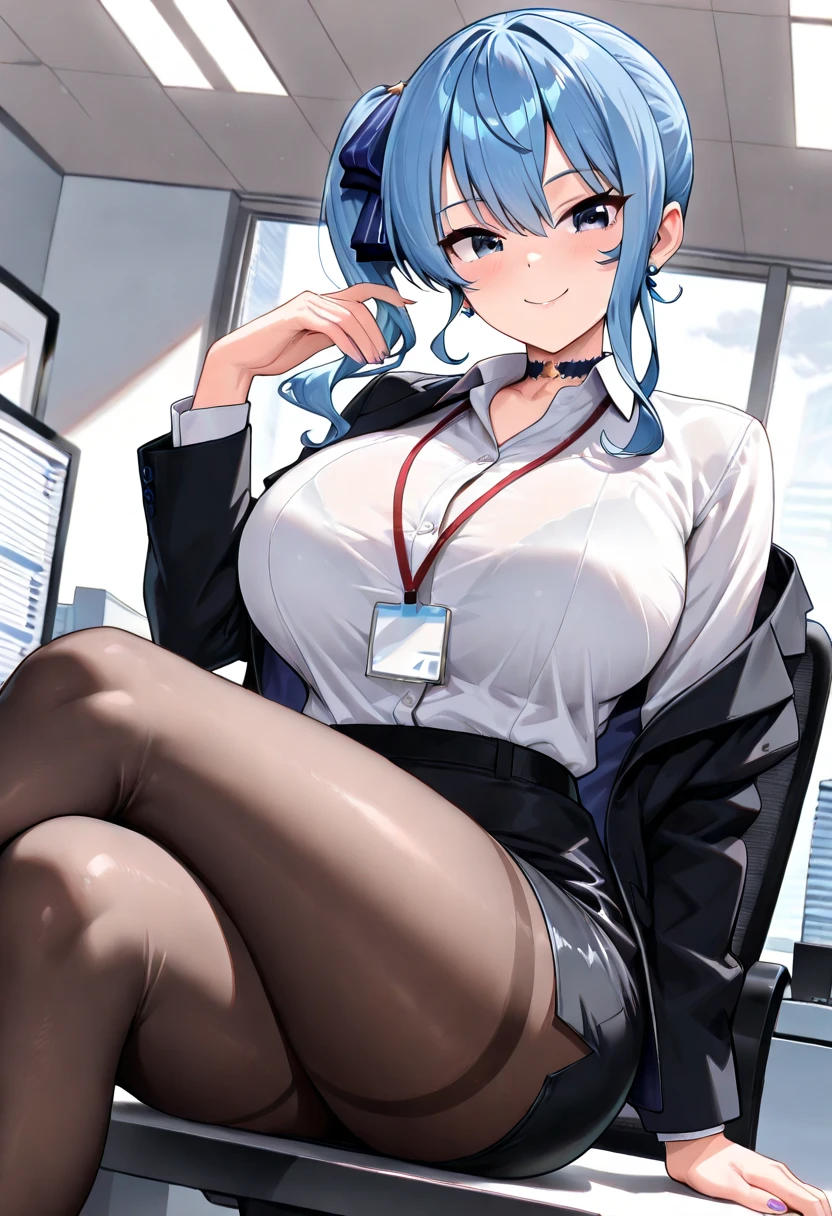 1girl, solo, ((white shirt)), black thighhighs, breasts, cleavage, uniform, office background, black skirt, pleated skirt, office,large breasts, looking at viewer, BLUE SEA HAIR, solo, thighhighs, thighs, very long hair, ((masterpiece)), sitting, chair, desk, computer on desk, name tag, id tag, indoor, blush, sexy pose,
