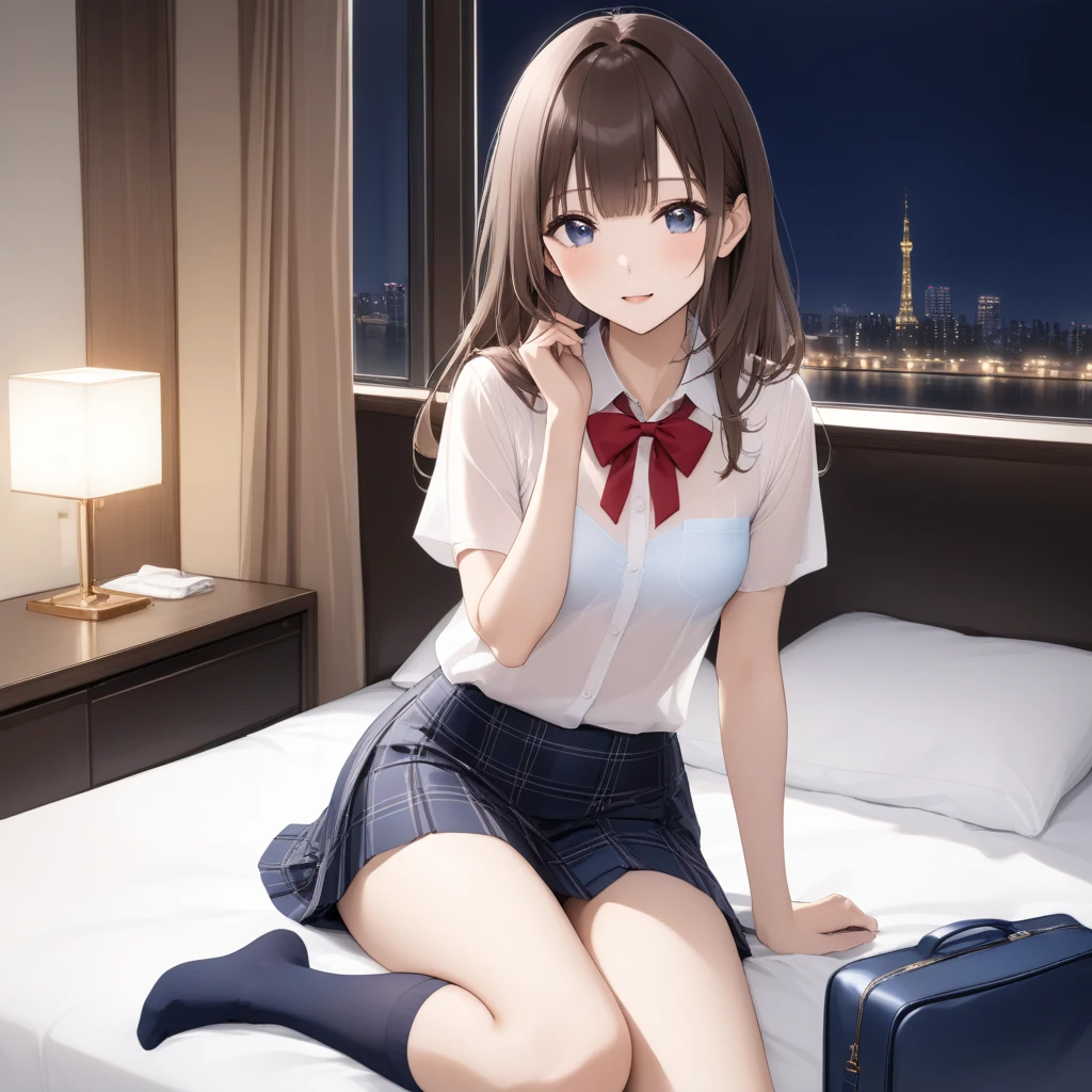 (Masterpiece, highest quality, high resolution, realistic photo, realistic looking skin:1.1),
(The woman is sitting on a long horizontal train seat with her legs spread apart:1.8),
(She is showing her panties to us in front of her across the center aisle:1.8),
(She has a window in her back with a view of the night view:1.8),
(She has a smirking smirk on her face:1.5),
(She is a high school girl and has a childish look on her face:1.5),
(She is a high school girl and is wearing a white collared shirt, a navy blue blazer and a gray miniskirt:1.5),
(She is wearing white socks and black loafers:1.5),
(Her panties are white:1.5),
(She has medium brown hair: 1.5),
(Location: long horizontal seat on Yamanote line train at night:1.5),
1 Japanese girl, solo, full-bodied esbian, beautiful eyes, glowing eyes, glowing thighs, NSFW
