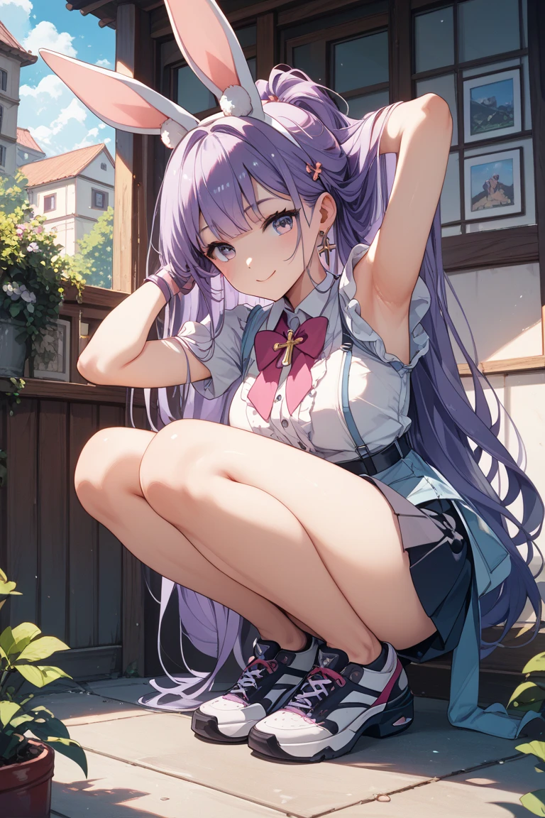masterpiece,best quality,best shadow,dynamic angle,depth of field,1girl,school uniform,yellow bow,sweater around waist,<lora:kurumi:0.75>,smile,grin,(from below),blush,
large breasts,looking at viewer,loafers,balck socks,squatting,white panties,cameltoe,
sunlight,grass,street,<lora:add_detailæ·»å ç»è:0.3>,