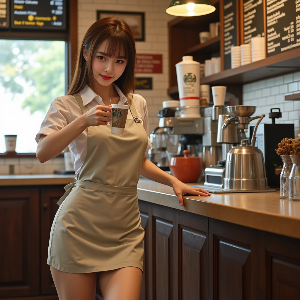 (NSFW:1.30)、masutepiece, Best Quality, hight resolution, 1girl in, (Smile, (Black hair and high twin tails with ribbons),Waitress of a girl in a coffee shop:1.3,Large breasts:1.3,cleavage:1.3,Chest wide open figure:1.2、(Full body:1.3), buttocks fully exposed、Standing,Crowded cafes:1.3,Naked:1.09,(((The girl is naked and wearing a small and short apron with a coffee logo on it:1.4))),drooping bangs, Looking at Viewer,Photorealistic,(((8 years old with a very young face)),,(huge-breasted:1.1, Big Tits:1.1, Small buttocks,Slim Leg:1.2,Slender waist:1.1.Skinny body:1.3)sneakers、Fully exposed shoulders,small areola、