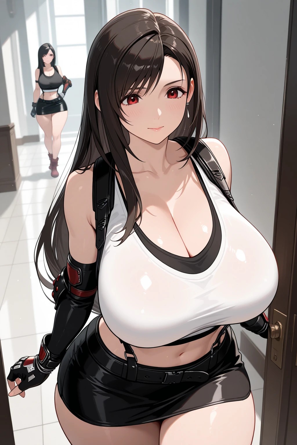 (masterpiece, best quality:1.2), 1 Girl, Solitary, whole body, Tifa Lockhart, Final Fantasy, (((Large Breasts、Breast sagging、Low-cut，Cleavage，Wide hips,)))((Long legs)),Hourglass figure))Short skirt，pleat group，mini skirt白色短上衣, Elbow pads, Fingerless gloves, Suspenders, Pencil Skirt, White T-shirt, Sexy look, Short skirt, mini skirt, Pencil Skirt
