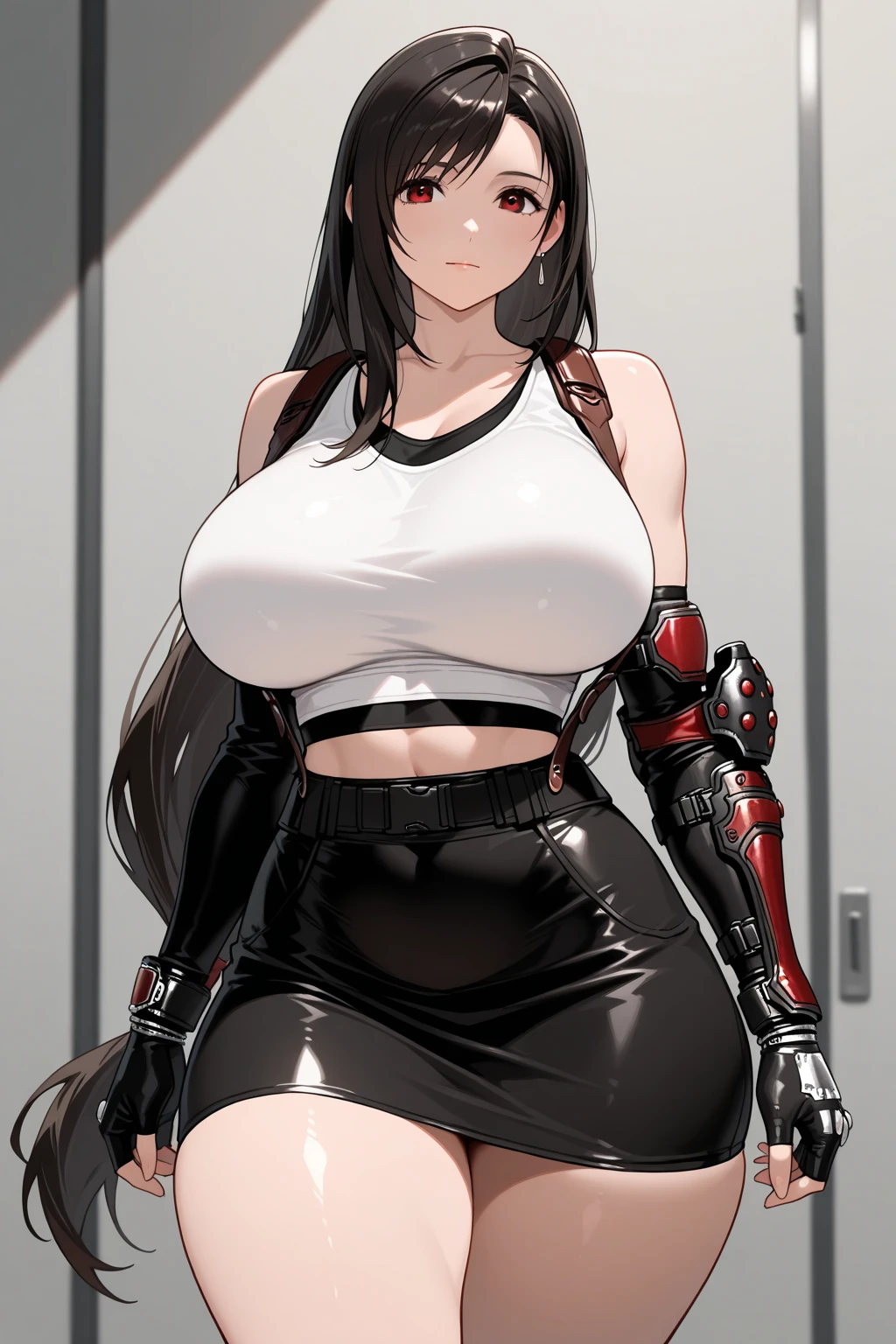 professional artwork, Intricate Details, field of view, sharp focus, detailed painting, photorealistic lighting, trending on pixiv, Standing at attention, black outfit ,yellow collared shirt,black and red bodysuit,skin_tight,black legwear, black pantyhose, Side_boob, black hair,very long hair, Bangs,yellow eyes,makeup, lipstick, 20yo,mature female,Beautiful Finger,Beautiful long legs,Beautiful body,Beautiful Nose,Beautiful character design, perfect eyes, perfect face, looking at viewer,official art,extremely detailed CG unreal engine 8k wallpaper, perfect lighting,Colorful, Bright_Front_face_Lighting, (masterpiece:1.0),(best_quality:1.0), ultra high res,4K,ultra-detailed, photography, 8K, HDR, highres, absurdres:1.2, Kodak portra 400, film grain, blurry background, (Beautiful,large_Breasts:1.4), (beautiful_face:1.5),(narrow_waist), (solo:1.4), ((landscape dimension)), rich detailed makeup, rich detailed eyeshadow, rich detailed lips, rich detailed lipstick, beautiful detail eyes