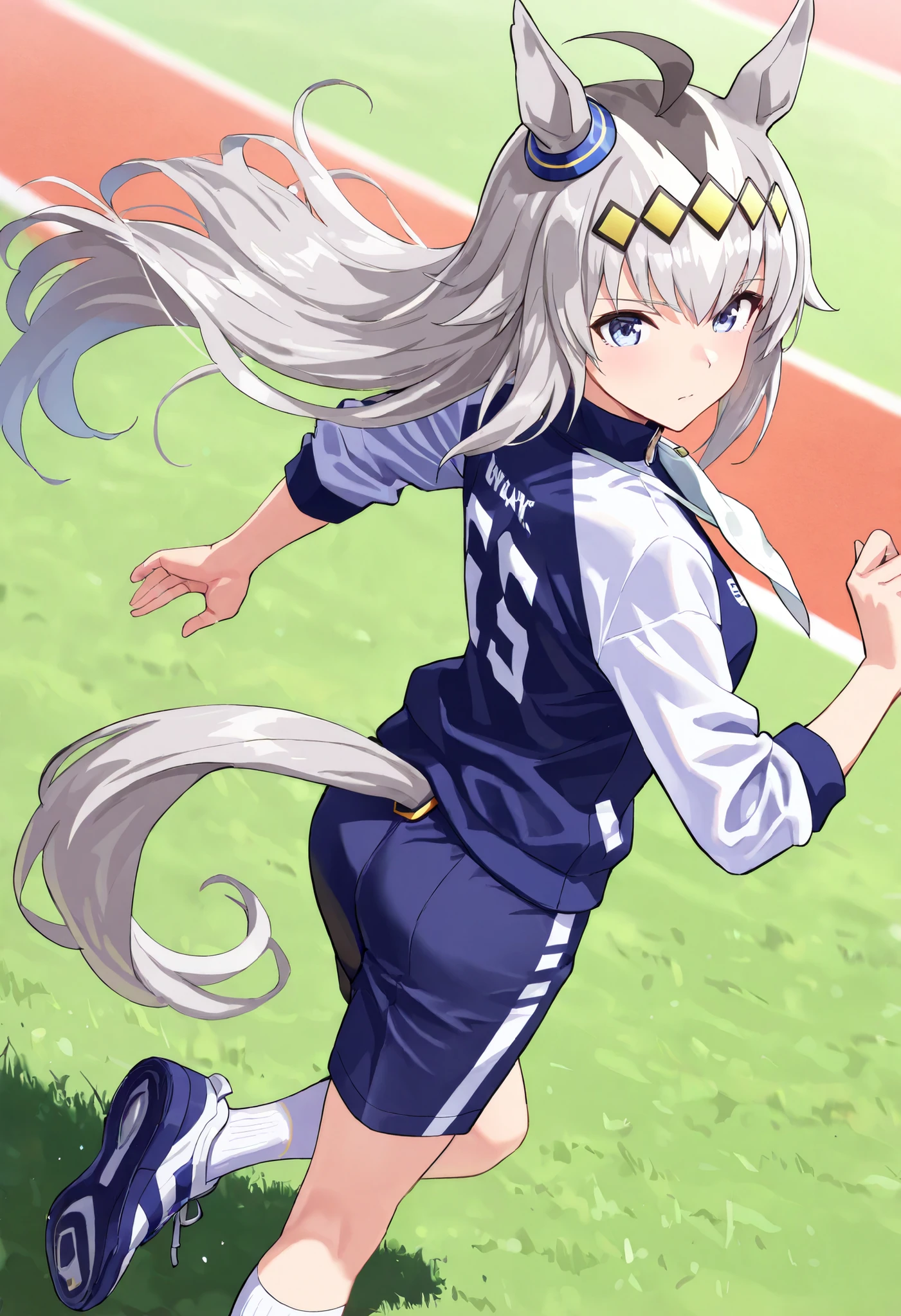 (masterpiece, best quality, perfect face:1.4), wide angle, oguri cap \(umamusume\),running figure, 1girl, blue eyes, multicolored hair, long hair, grey hair, ahoge, hair ornament, horse ears, horse tail, tail on the lower back, proportional body, proportional, beautiful hair, beautiful face, beautiful detailed eyes, beautiful clavicle, beautiful body, beautiful chest, beautiful thigh, beautiful legs, beautiful fingers, BREAK, navy blue training wear, shorts, white socks, roll-up sleeves, high neck, zip-up, sports shoes, soft texture, cloth bib with number or logo worn by athletes, BREAK, running, back view running on turf, looking back, sad expression, textured skin, HDR, good hands,