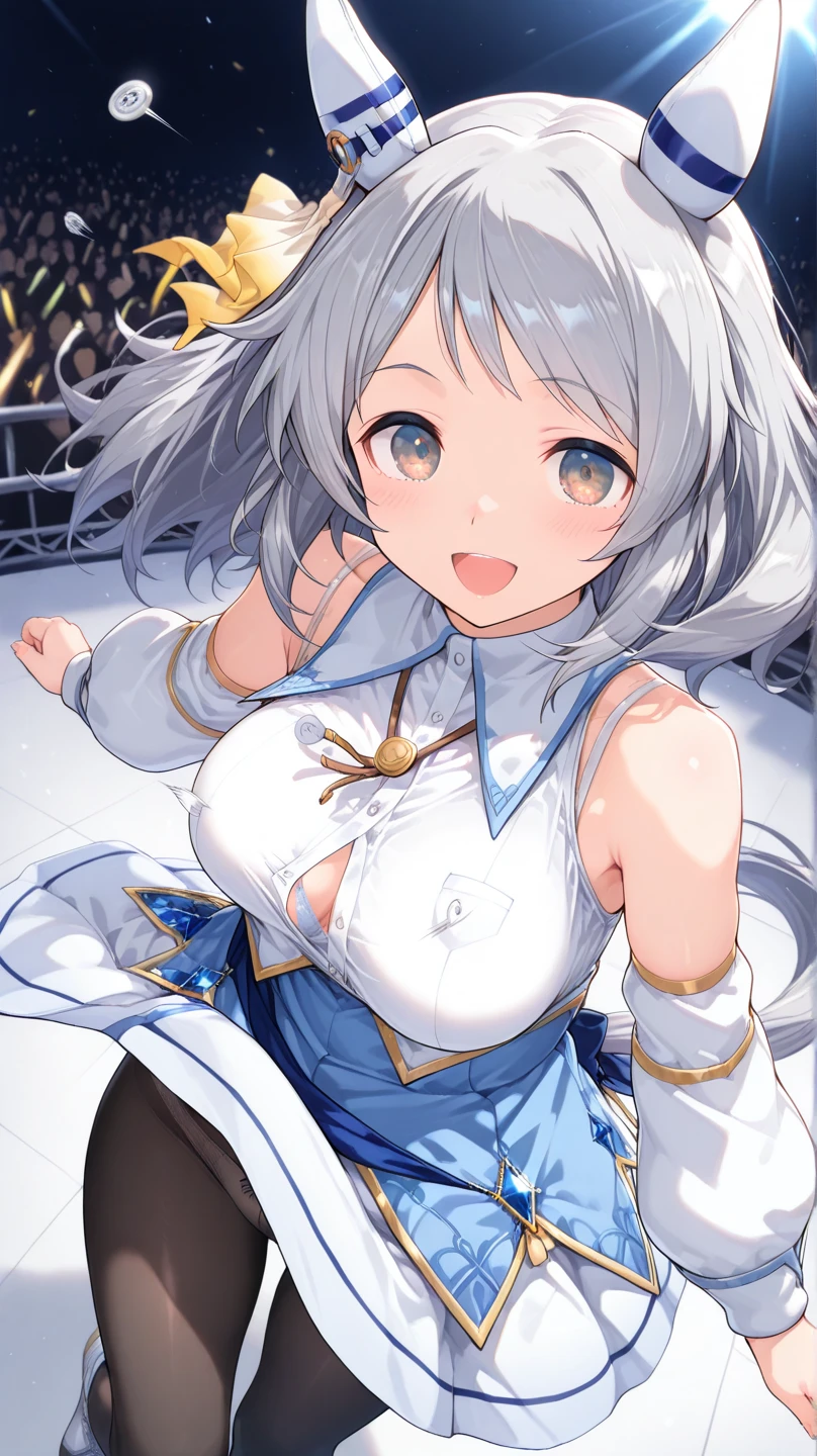 (Highest quality, 8k, 32K, masterpiece, Ultra-high resolution,:1.2),to be born, One Girl,So cute , A fantasy background reminiscent of an electronic world, clear, Shining Eyes, Age 25 ,Fair skin, Silver Haired Girl, An innocent smile, Pierced ears sparkle, An elegant necklace adorns her slender neck., Rings and bracelets decorate the fingers. expensive_Big Breasts, Big Breasts, Twin tails, Wizard, short hair,Wizard