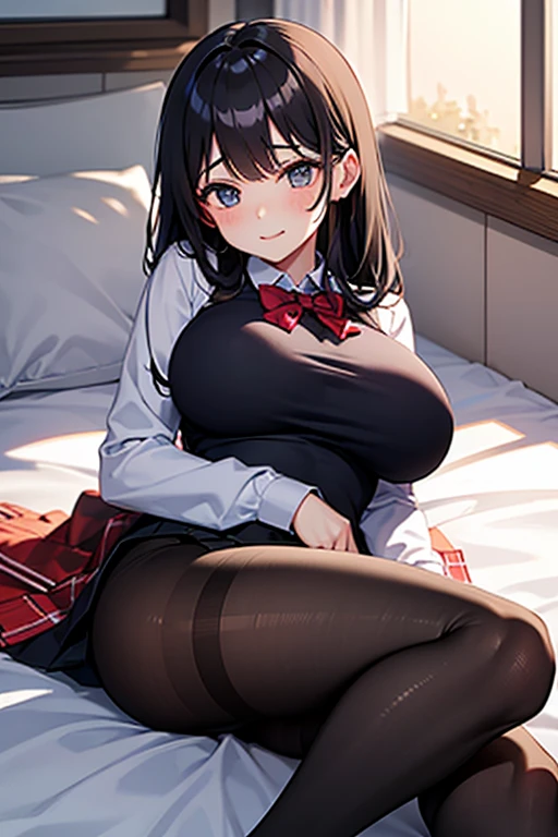 alone, One girl, Crown braids in the same color as your hair, hair ornaments, Hair Ribbon, Pink tie, Black long sleeve,  Knee socks, Cleavage, Lying in bed、Black Hair、(Embarrassed face:1.7)、(blush:1.7)、(Black string panties are visible:1.2)、、I can see my thighs、(Sweat:1.5)