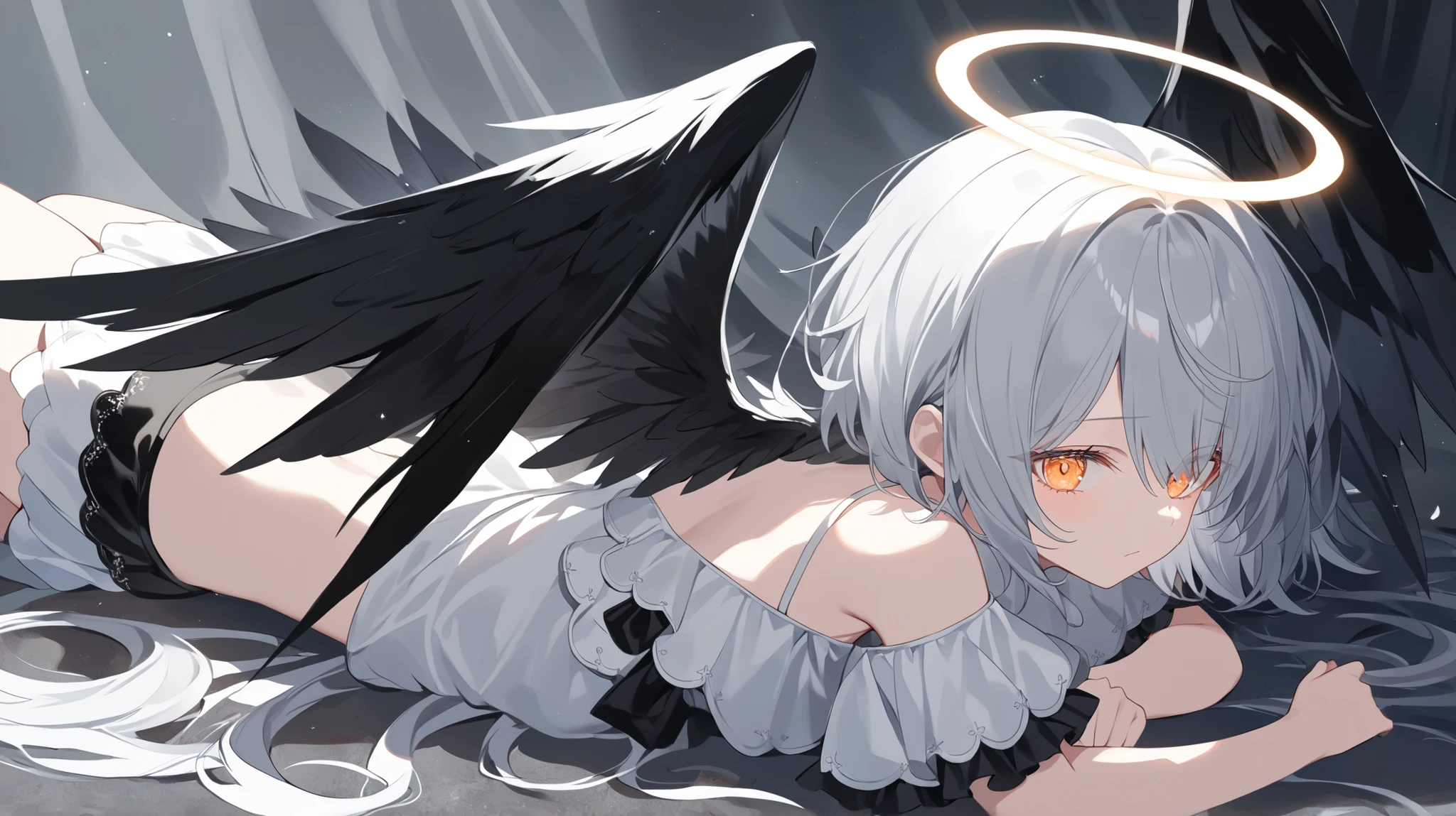 The hell made of dark red and black color. A girl is angel, who fell on the ground and is lying there with hopeless face. She has halo, silver short hair, light orange eyes which are shining brightly, she wears cute black and white angel-like outfit. She has also huge dark grey wings coming from the center of her back.