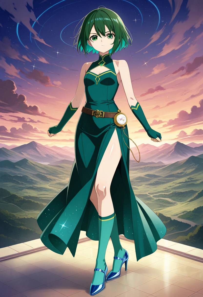 circlet, hair ornament, green cape, green leotard, pelvic curtain, detached sleeves, thigh boots