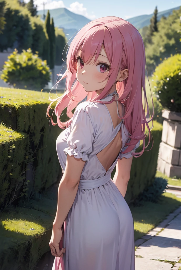 Straw hat, white dress, short skirt length [[[pink hair]], long hair, girl in style, anime girl, back figure, looking back, smiling, arms crossed in men's arms
