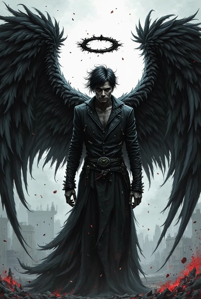 Man with messy hair, black and blue in color, wearing casual clothes, with yellow eyes, black aura, evil look, ((1 red evil wing)), ((1 white angel wing))