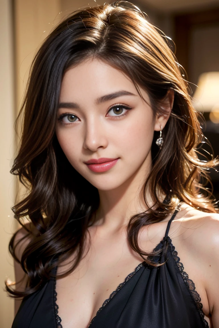 On the table, best quality, illustration, Super detailed, Fine details, high resolution, 8k wallpaper, Perfect dynamic composition, Beautiful and delicate eyes, Long Court,Off-shoulder,Medium Length Hair,Natural color lips for small breasts, Bold sexy pose,Smile,Harajuku、20 year old girl、Lovely、Sexy shot looking at camera、Blurred Background