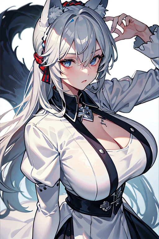 girl, alone, long hair, white hair, young girl, blue eyes, white shirt, denim shorts, very big breasts, demon horns, demon tail
