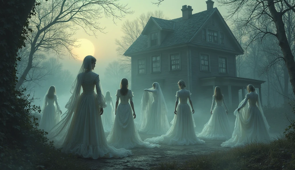 emily looks back to the haunted mansion and she looks scared about what she experience inside the mansion and there, she saw a family, mother, father, son, and daughter the family was looking at her scarythe damily was looking at her