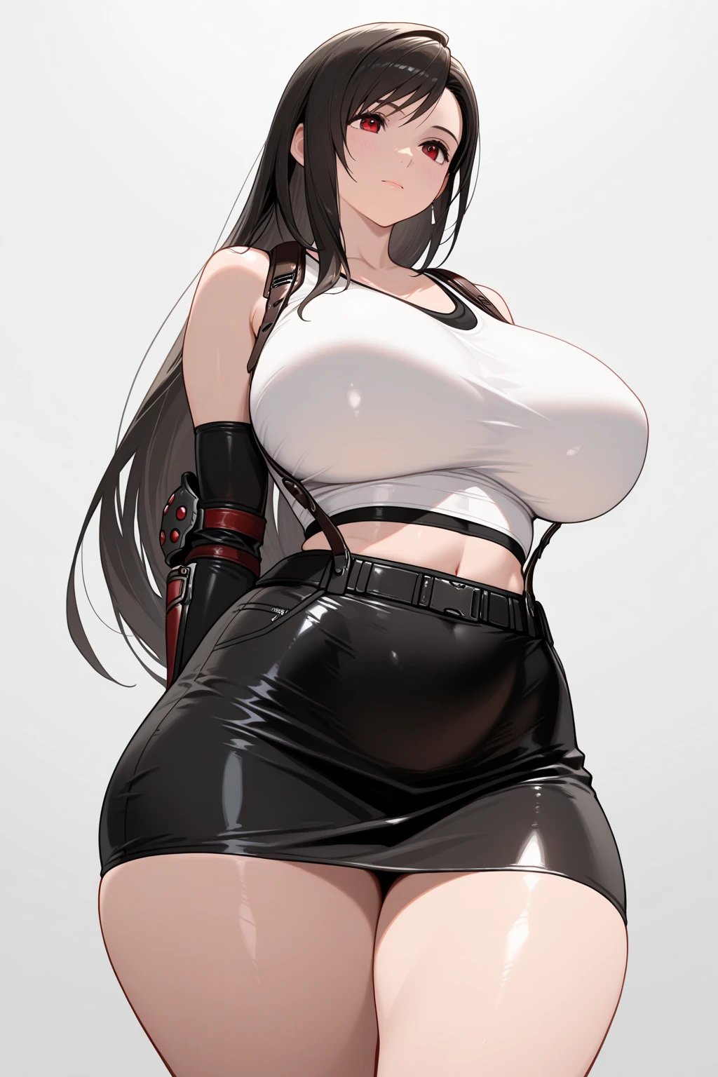 Girl with long black hair, wearing a white blouse, a black corset with garter and stocking belt. thick-thighs, Waist slender, breasts big, Red lips. Standing pulling the blouse down. Naked Shirt.