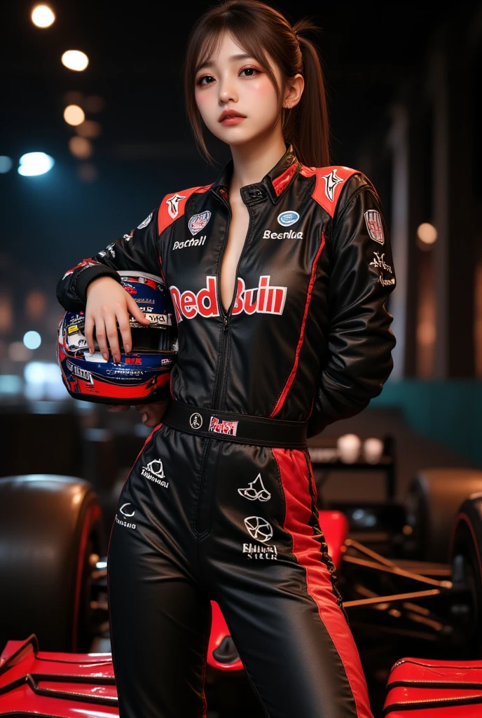 <lora:Racing_Suit:0.8>, best quality, masterpiece, illustration, realistic, photo-realistic, amazing, finely detail, incredibly absurdres, huge filesize, ultra-detailed, highres, extremely detailed CG unity 8k wallpaper, nsfw, nude, sexy, seductive smile, sexually suggestive, areolae peek, areolae slip, A young Korean woman, wearing a black and red racing suit with a very low zipper, is standing outside a race garage. The zipper is open so low that her breasts are almost exposed. She has long black hair and is wearing a helmet. She is looking at the camera with a confident expression.