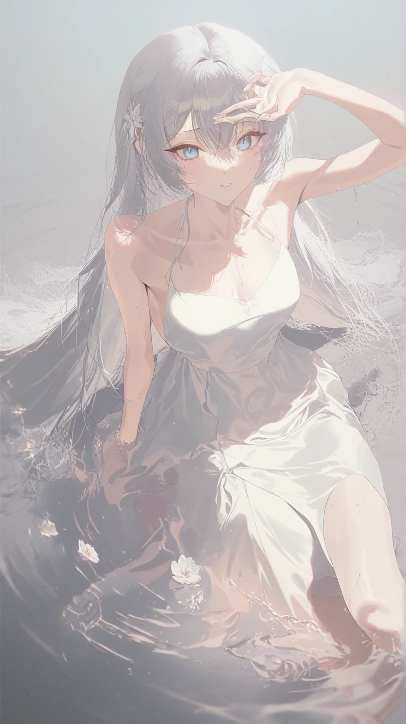 (1girl, solo:1.3), sexy, erotic, lewd, perfect face, detailed face, perfect body, long hair, lots of details, ultra sharp, ultra detailed, colorful, (white bolero), (tight shorts), luxury, sun light, flowers, (White black Hair gradient:1.5), red eyes, multicolored hair, two-tone hair, colored inner hair,  (multicolored hair), (white hair (black hair):1.3)