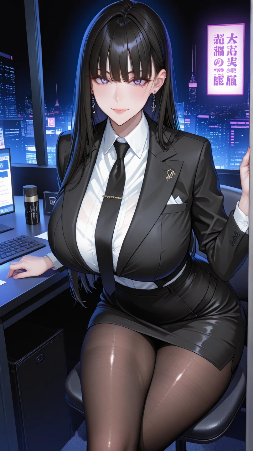 juri han, work of art, tight white secretary shirt with black tie, black high waist skirt, short skirt,stocking, black hair, black tights smile,office,franja nos olhos,iluminação,chifre de cabelos,visão de cima,olhando para cima
