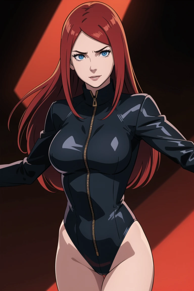 a woman in a black outfit holding a gun, inspired by Masamune Shirow, cutesexyrobutts, mara jade, zenescope, full color digital illustration, by Randy Vargas, beautiful girl pinup, epic full color illustration, full color illustration, as illustrated in top cow comics, revy black lagoon, redhead female cyberpunk, anime girl with long hair, beautiful long haired girl, navel, evil expression, exposed belly, exposed navel, exposed midriff, exposed lower belly, short skirt