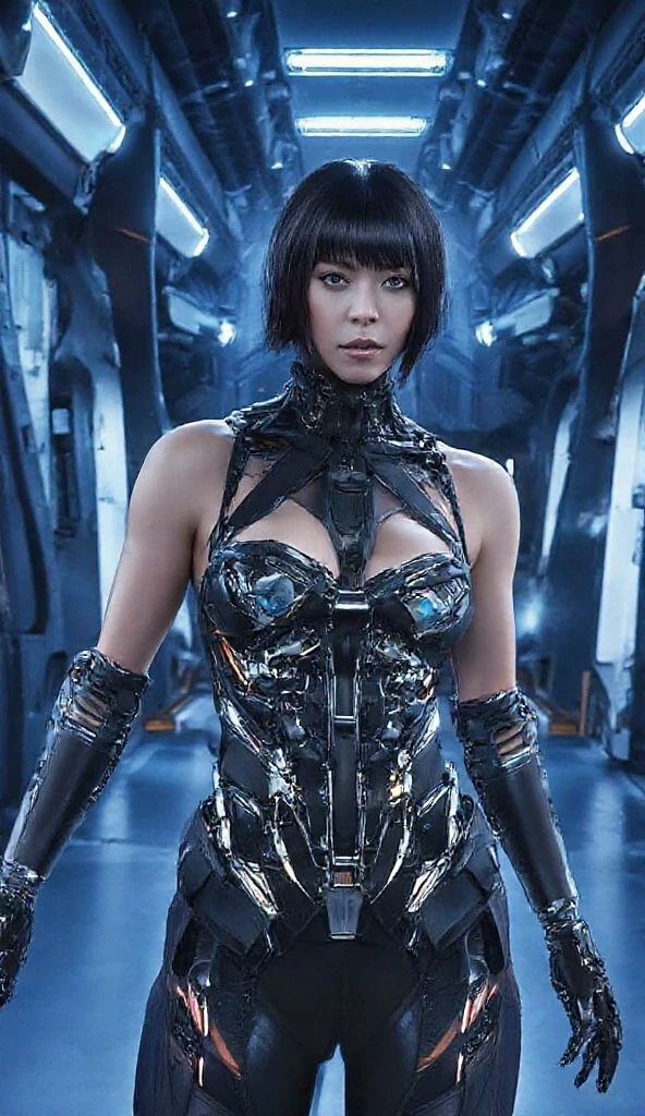a close up of a woman in a sexy futuristic leotard, cyborg arms, thong leotard, high waisted leotard, latex leotard, shiny leotard, cyberpunk girl, ultra detailed, photorealistic, masterpiece.