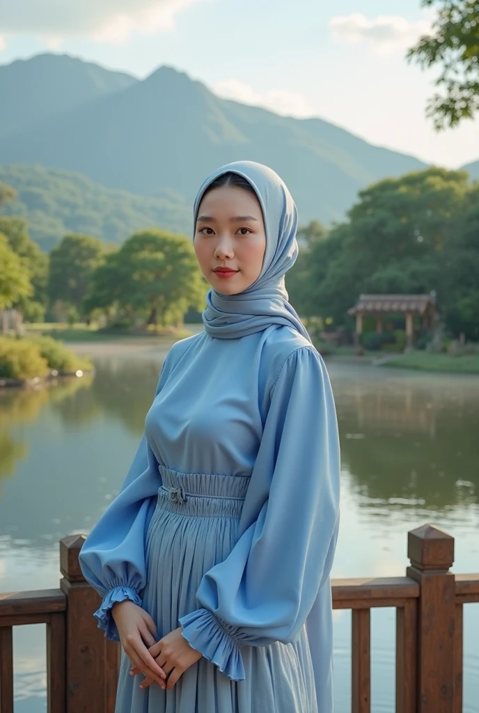 araffe woman in a blue dress and a white scarf, hijab, very beautiful girl, lovely woman, cute girl, cute woman, attractive girl, with cute - fine - face, cute beautiful, she has a cute expressive face, young and cute girl, perfect expression, sie boob, medium breast, slight cute smile, she has a cute face, park, head acc, bamboo trees, bamboo forest, walking