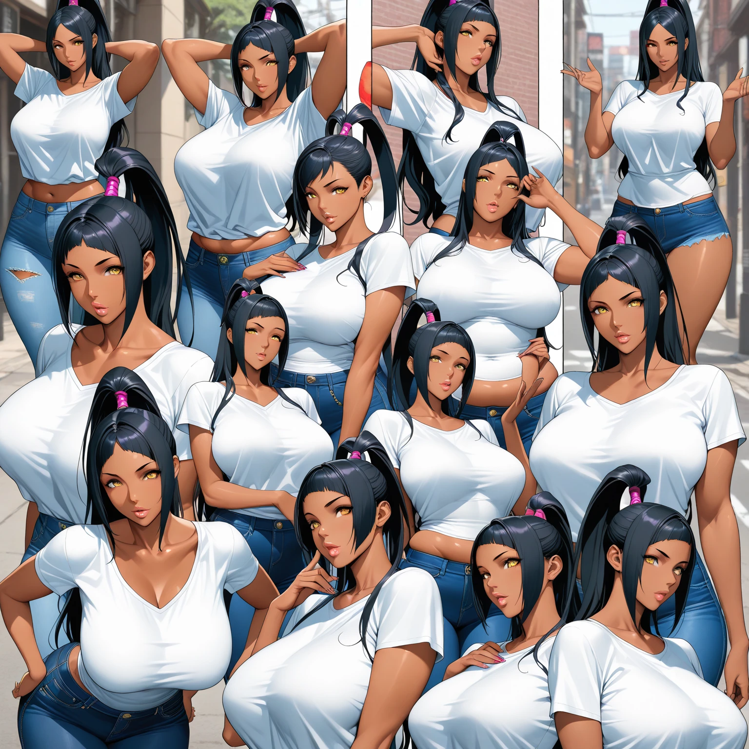 ((masterpiece)),(((best quality))),((character design sheet)), illustration,1woman, environment Scene change,miko_kubota, long hair, yellow tshirt, off shoulder, navel, purple pants, sweater around waist, fingerless gloves, full-face blush,)),(blush:1.4), massive cleavage, massive breast, massive wide hips,(((age progression)))
