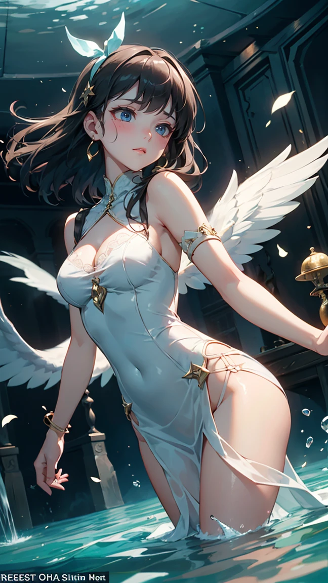 A young 15- yr old native European girl with lovely charming face,( pale skin texture masterpiece), (smiling with exposed teeths showing)(perfect full body detailed ???????), (Super accessories detailed), (meditating ), (perfect detailed bright sparkling eyes),( short wavy braided illuminating brown crystalized hair)，((expose big hard erect nipples))(( exposed panty ))(legs wide open showing pussy line)(( Wearing transparent illuminating costume of an witch))，holding a treasure  broom (( illuminating different lights covering the sorrounding atmosphere)) Has beautiful large white wings, The character solemnly praying, 7 different perspective view of that same girl & face profile sheet character style 