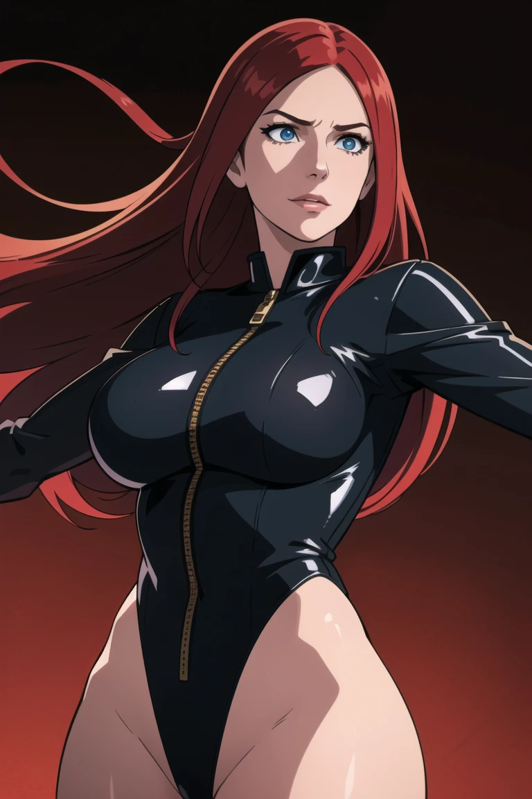 Woman in sexy skin-tight superhero costume, cabelo preto e vermelho