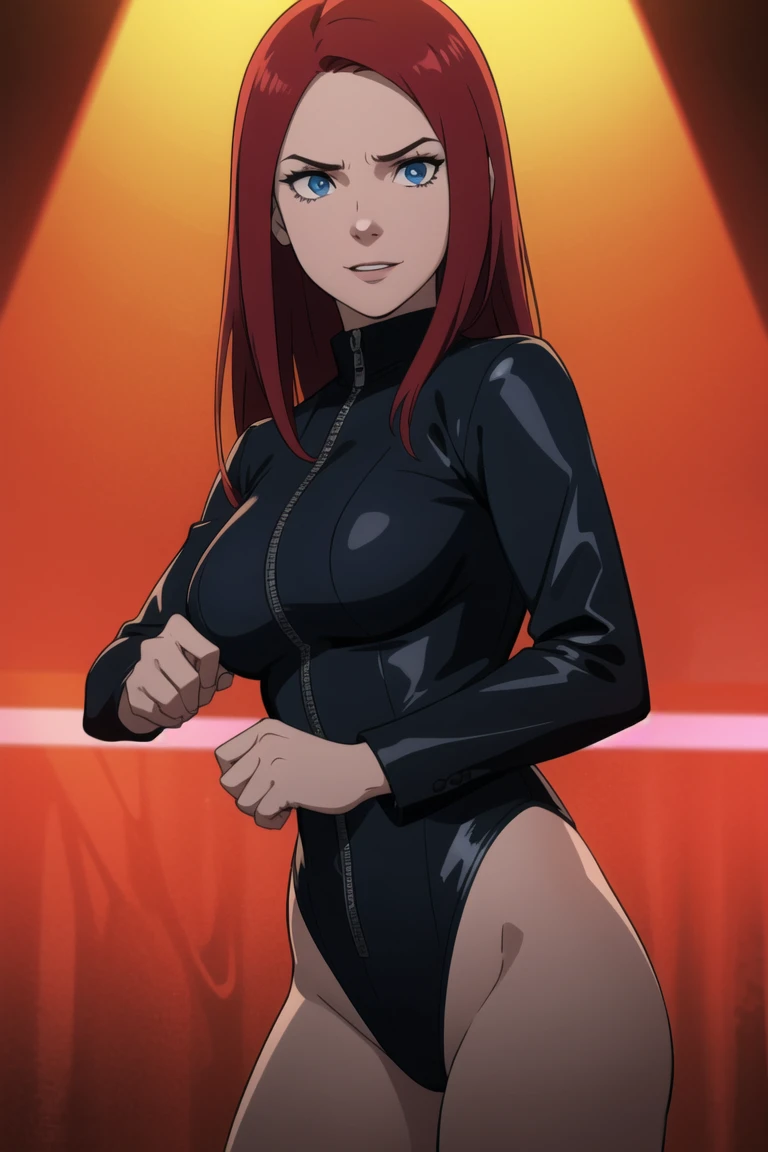 CARTOON_barbara_ownwaifu,cell Shading,anime coloring,black bikini,sitting,masterpiece,best quality,.ownwaifu.com,long hair,glasses,red hair,blue eyes,black-framed eyewear,breasts,under-rim eyewear,semi-rimless eyewear, curvy, toned, large breasts, narrow waist