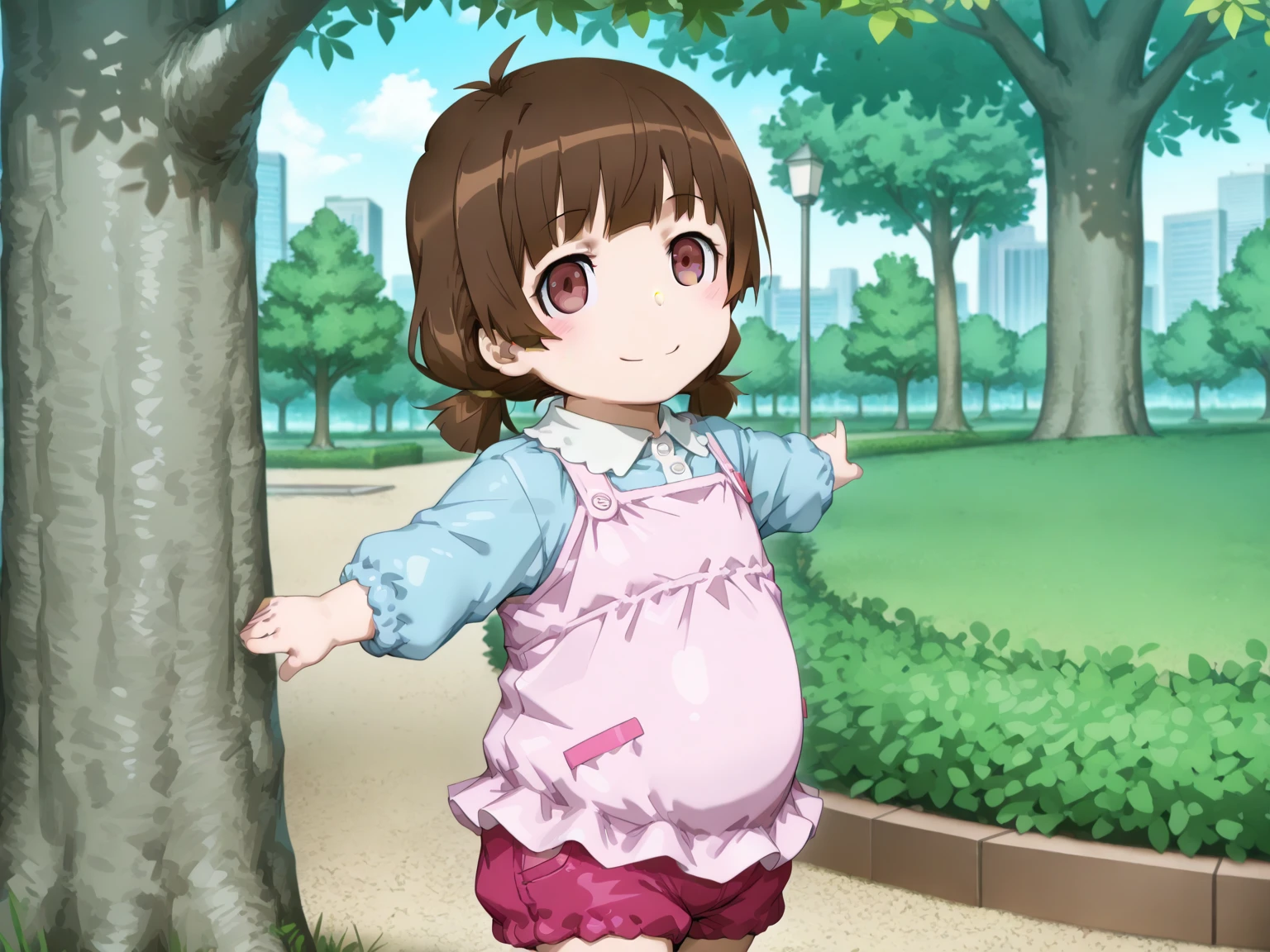 8--old l,cute,(looking at viewer:1.0), details sky,handsome,((masterpiece:1.4,best quality)),multiple details,eyeshadow,sfw, (medium shot:1.5), gradiant eyes, hazel eyes, (long black lycra pantyhose:1), standing, stand, park, stand in park,
riko, long hair, brown hair, green shirt, hair flower, green eyes, skirt, hyper-pregnant, lifting shirt, wink the eye, smile. Exposed belly, lifting shirt, lift shirt. Showing belly, pregnant belly, lift shirt.