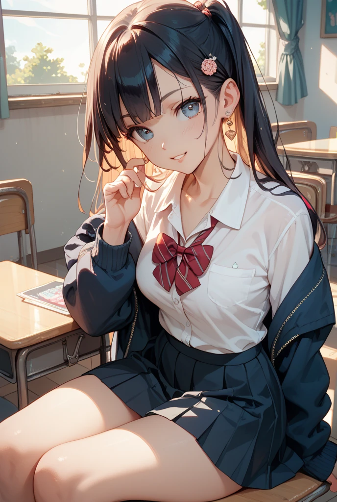 (masterpiece: 1.3), (maximum resolution: 1.2), (Ultra HDTV: 1.2), cinema light, Ultra HDTV, (fine eyesと肌), (detailed facial features), HDR, 8K resolution, sharp focus: 1.2, perfect style, beautiful face, Accurate, anatomically correct, Highly detailed face and skin texture, fine eyes, brown eyes, double eyelid, thin eyebrows, glitter eyeliner: 1.2, natural cheeks, Glossy skin, Fair skin: 1.2, small shiny necklace and earrings, (glossy lips: 1.4), break, first person perspective, wearing high , ((Show me a little string panties:1.2)), (embarrassing:1.2), (blush:1.2), innocent and cute girl, (Ponytail at high, wavy hair, gray hair and hair of some colors, bangs flowing diagonally), medium long hair, (full body shot: 1.2), focus on face, ((very close relationship: 1.2)), (medium big breasts), (((In the classroom: 1.2)), ((sitting cross-legged on a school chair:1.4)), (looking down at the viewer)), (from below),